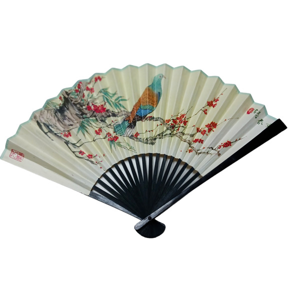 Chinese Folding Hand Fan Dove Floral CAAC VTG Decor 🕊️🌸 - Picture 7 of 16